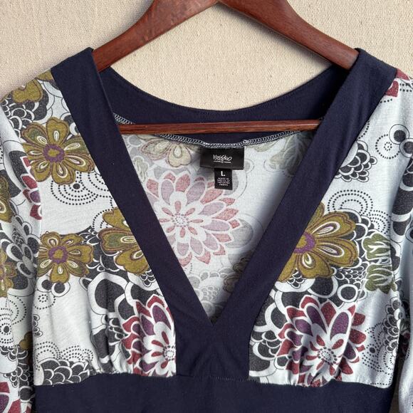 Mossimo Blouse Size L Blue Floral Babydoll Style 3/4 Sleeve V-Neck Top - Picture 3 of 10